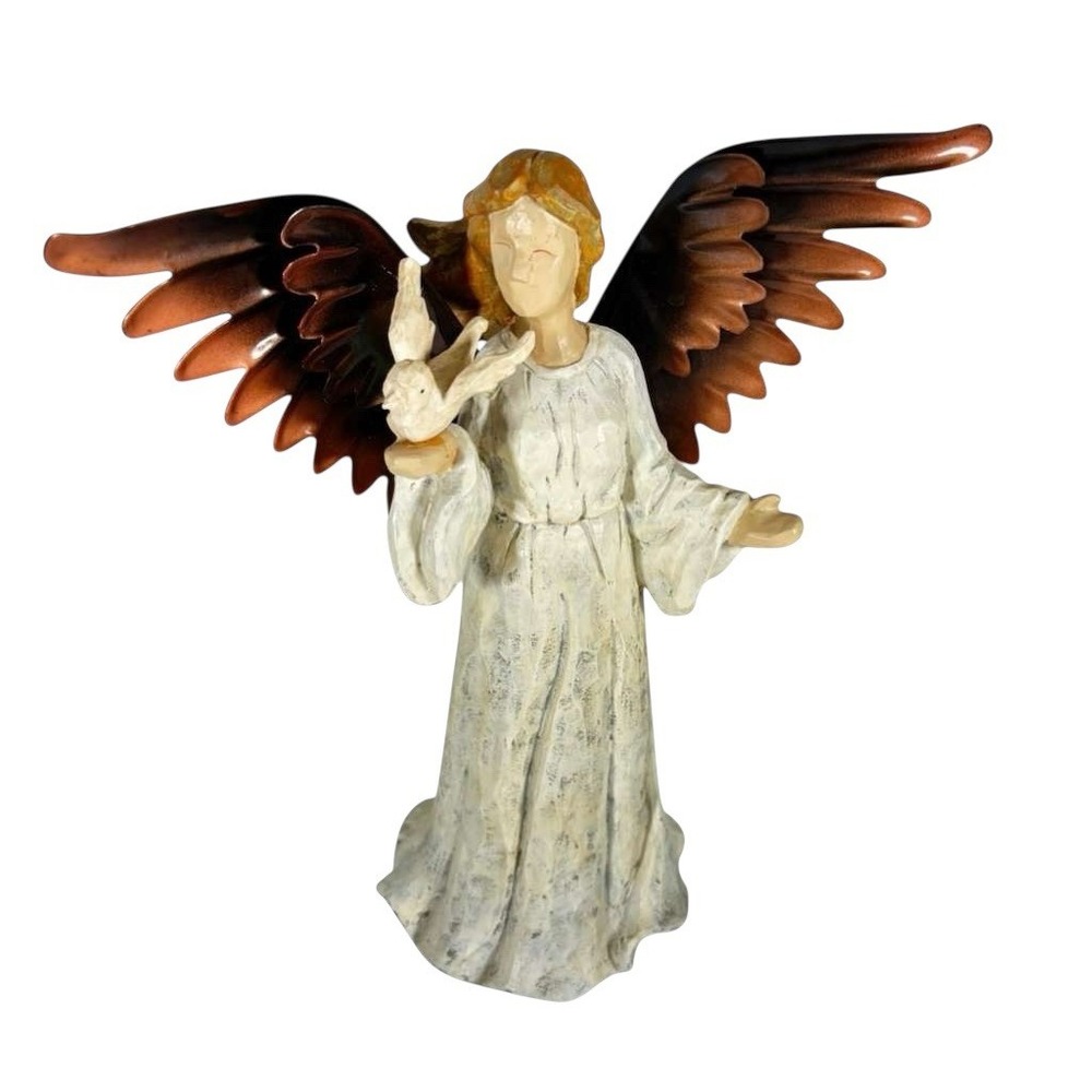 Angel Sculpture Carved Wood Copper Metal Wings With Small Dove 11" Tall